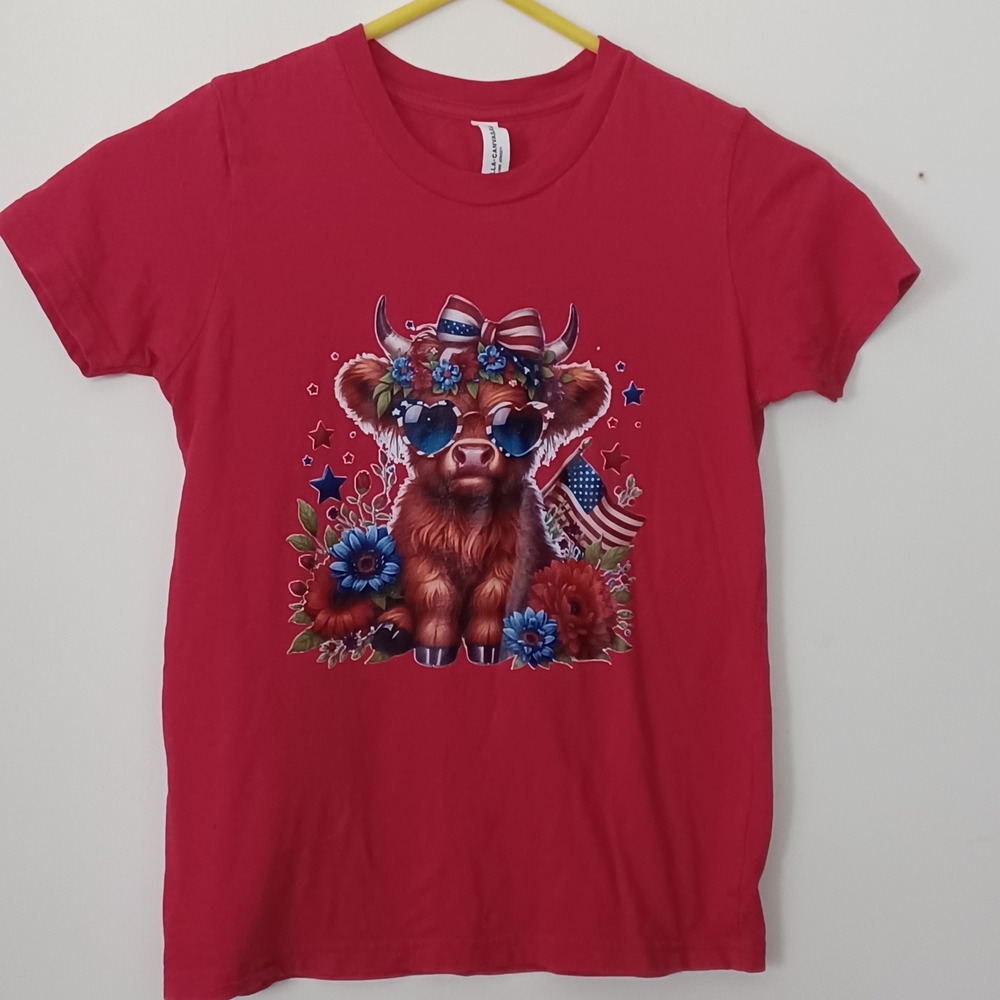 Bella+Canvas Kids‎ Red Patriotic Highland Cow Graphic T-Shirt Size M 10-12